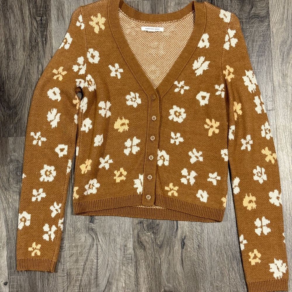 American Eagle Brown and White Floral Cardigan Sweater
